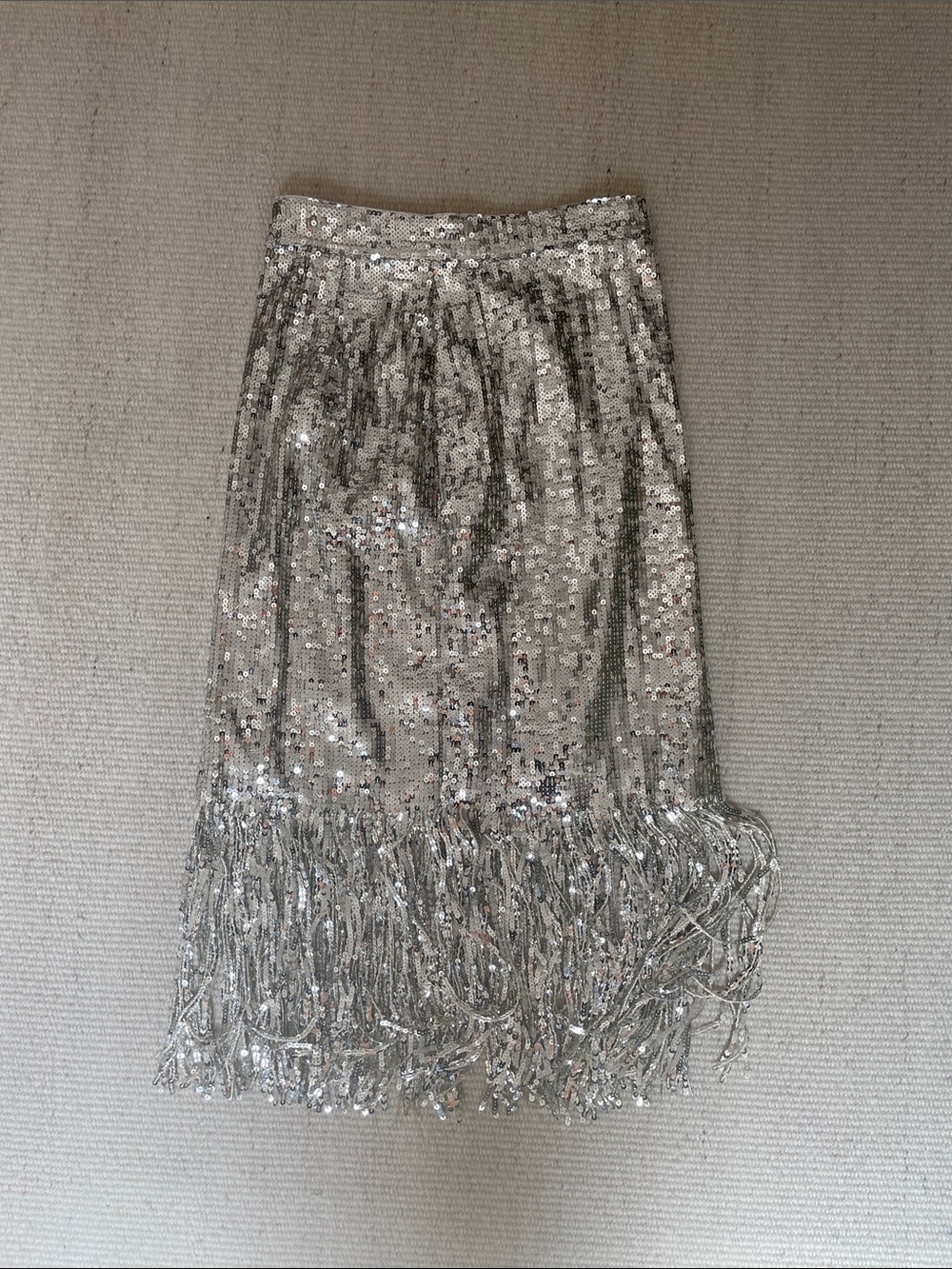 H&M Silver Sequin Midi Skirt with Fringe Hem